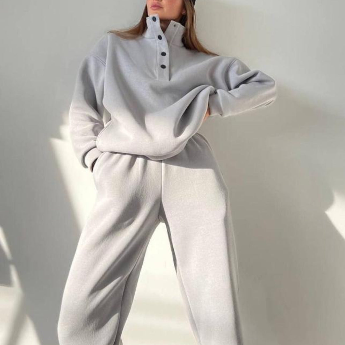Oversized fleece huispak met opstaande kraag