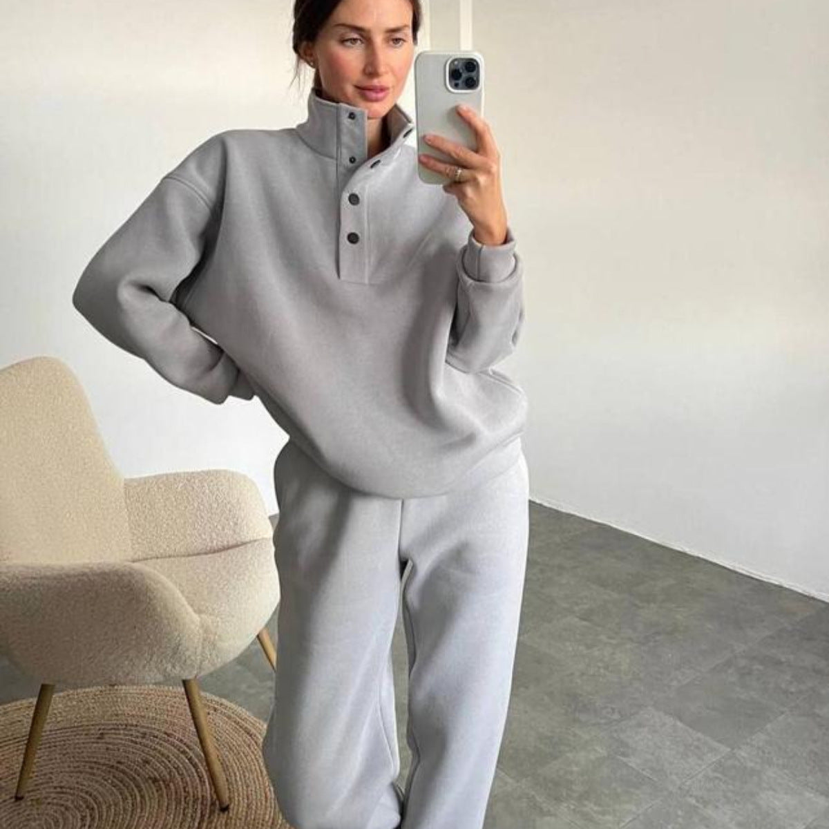 Oversized fleece huispak met opstaande kraag