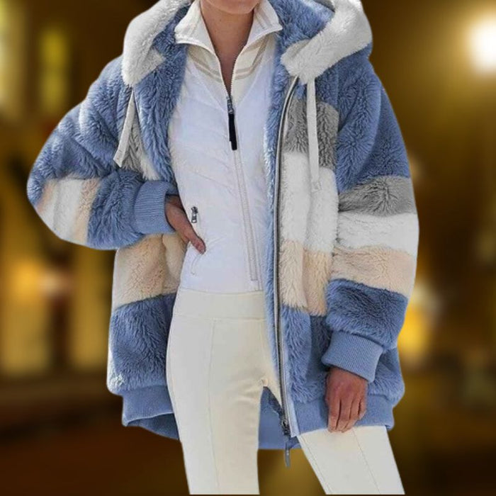 Dames Teddy Winterjas met Capuchon en Kleurblok Design
