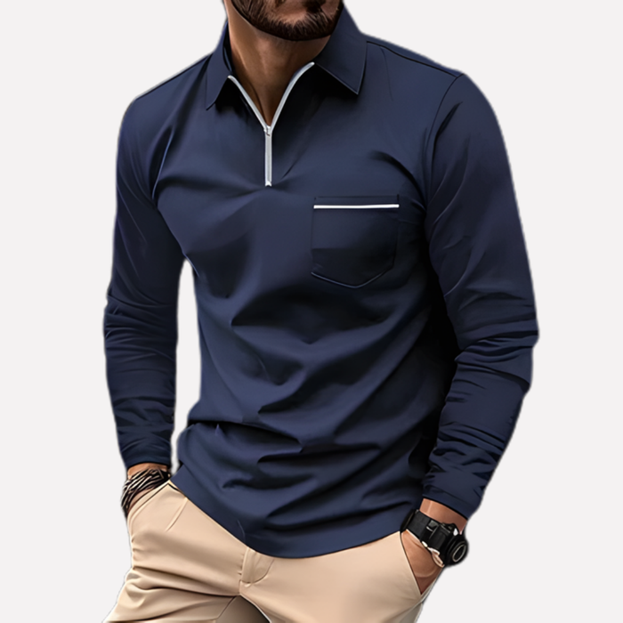 Heren Poloshirt Lange Mouw met Borstzak en Knoopsluiting