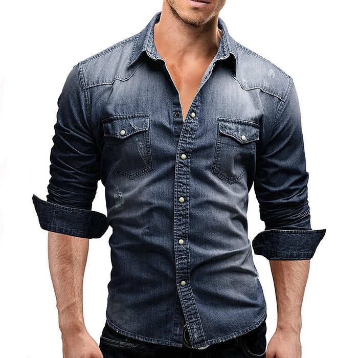 Heren Denim Overhemd met Borstzakken en Drukknoopsluiting