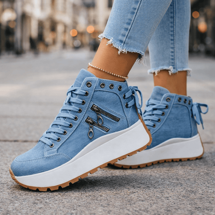 Dames Hoge Sneakers met Ritsdetail en Vetersluiting