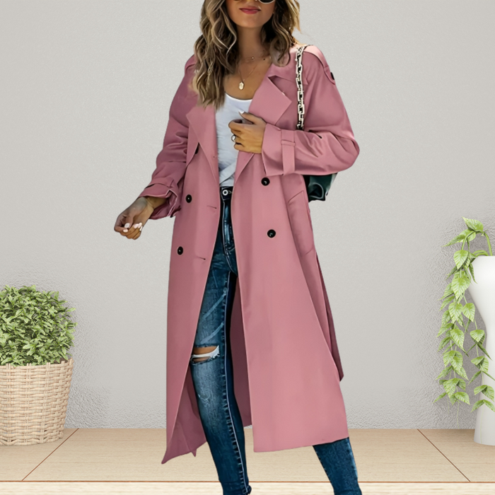 Dames Trenchcoat met Turn-Down Kraag en Dubbele Rij Knopen
