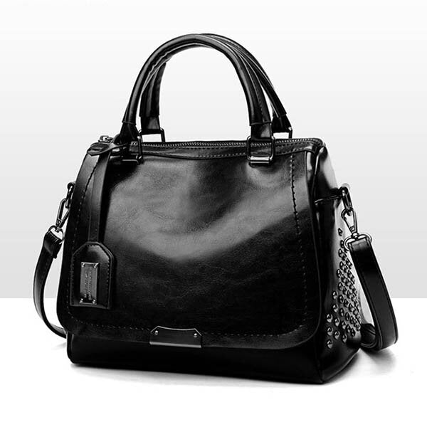 Dames Leren Handtas met Studs en Afneembare Schouderband