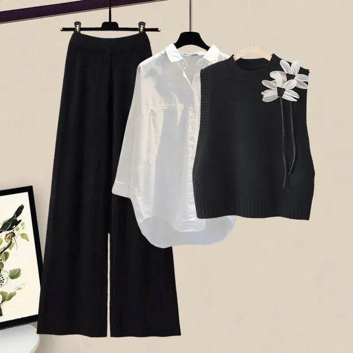 Dames Driedelige Gebreide Set met Blouseen Vest en Broek