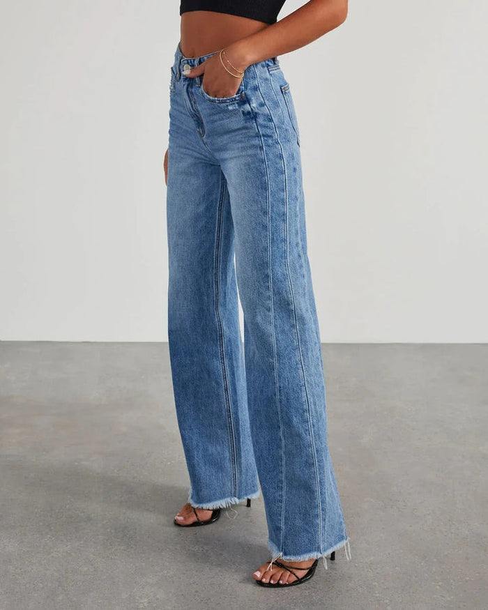Dames Wide-Leg Jeans met Mid-Rise en Gerafelde Zoom