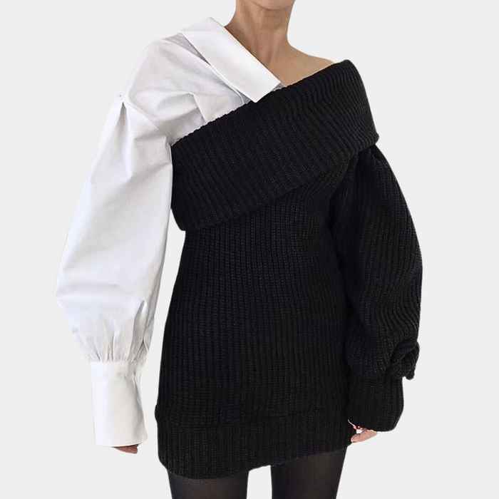 Dames Gebreide Jurk Off-Shoulder met Contrasterende Mouw