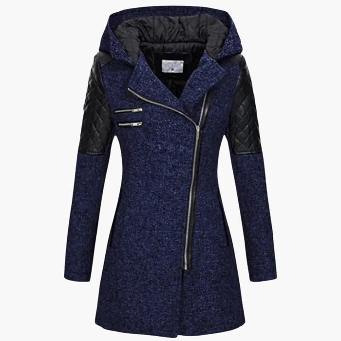 Dames Lange Jas met Kap en Asymmetrische Rits