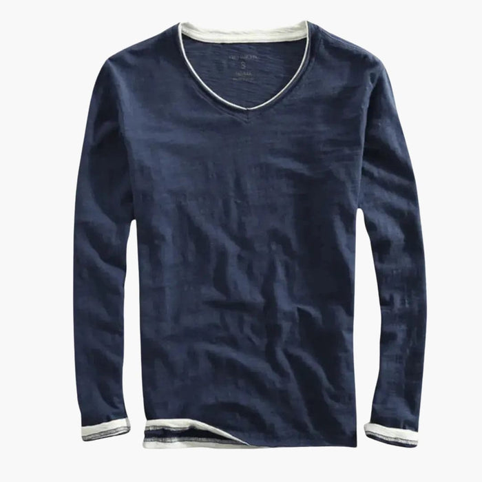 Heren Langsleeve Shirt met V-hals en Contrastafwerking