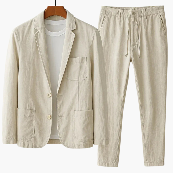 Heren Twee-Piece Pak met Touwsluiting Broek en Blazer met Patches