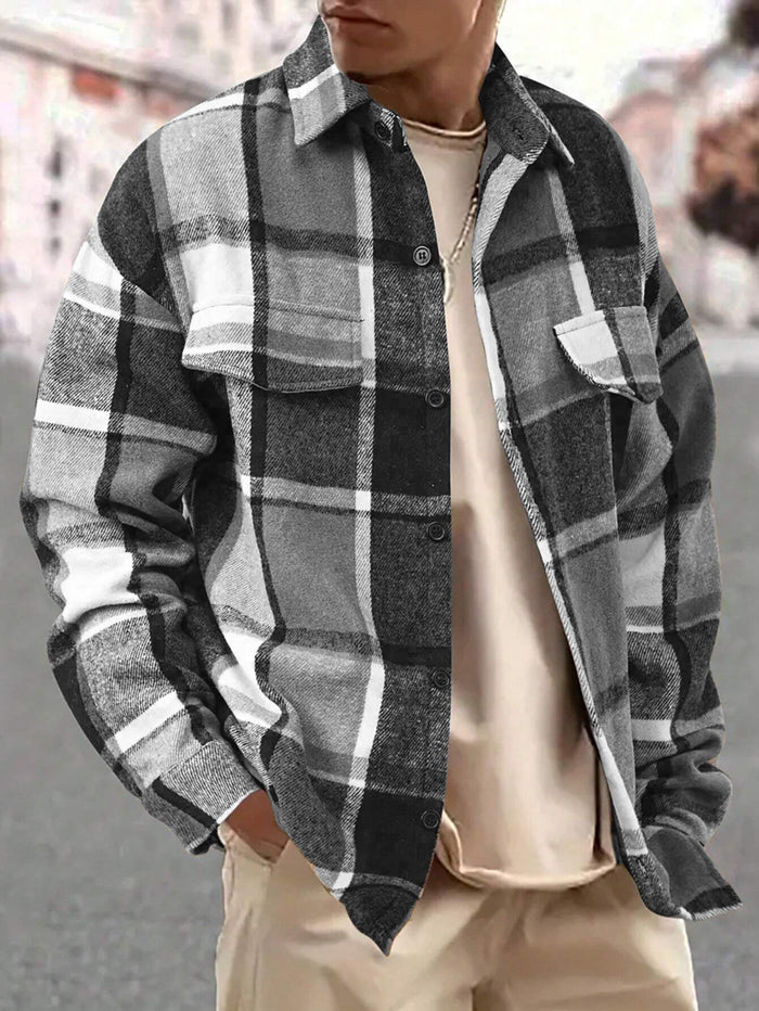 Heren Geruit Overshirt met Drukknopen en Borstzakken