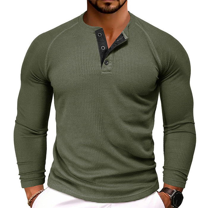 Heren Henley Shirt met Lange Mouwen en Geknoopte Kraag
