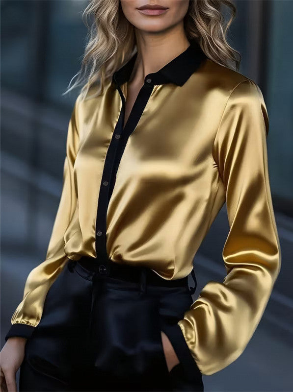 Dames Satijnen Blouse met Contrasterende Kraag en Lange Mouw