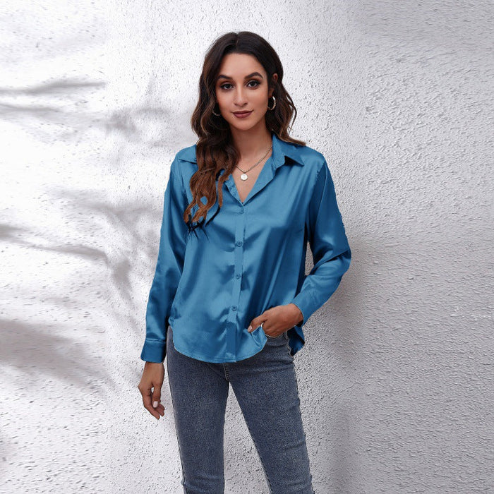 Dames Satijnen Blouse met V-Hals en Lange Mouwen