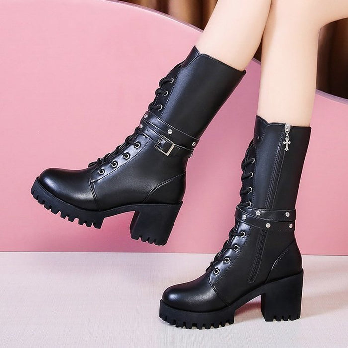 Dames Veterboots met Blokhak en Gespsierriemen
