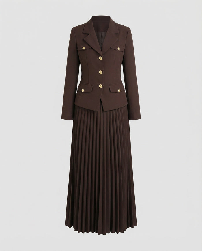 Dames Getailleerde Blazer Set met Geplisseerde Maxirok