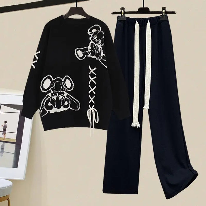Dames Tweedelige Set Sweater en Wijde Broek Cartoon