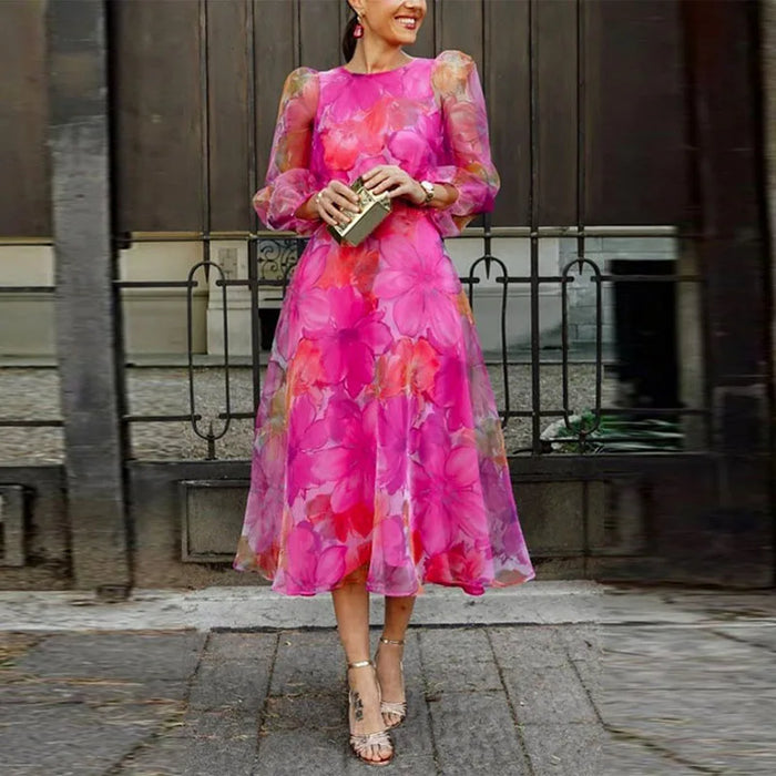Dames Midi-jurk met Bloemprint en Pofmouwen
