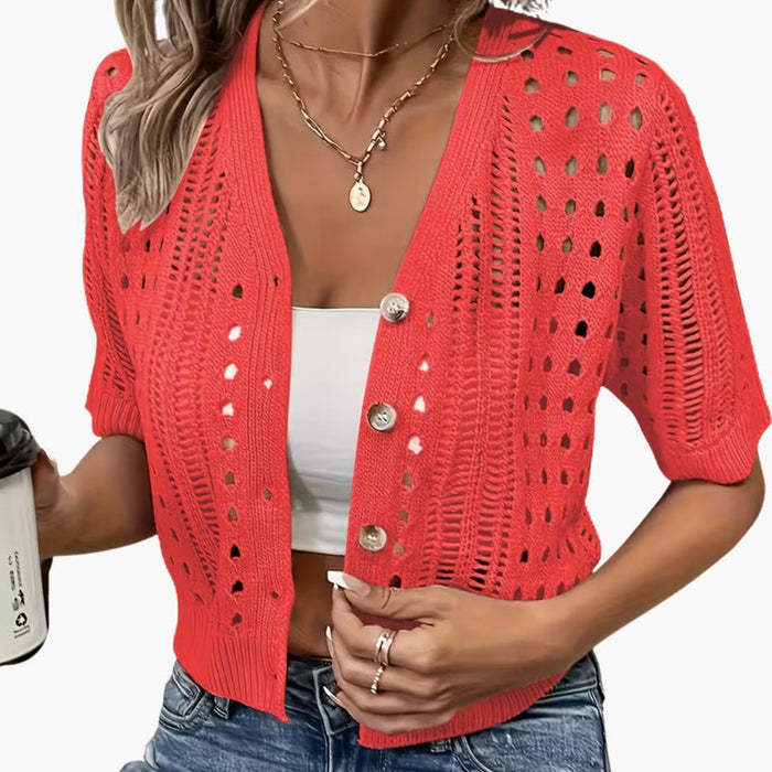 Dames Cardigan met Holgebreid en Korte Mouwen Ontwerp