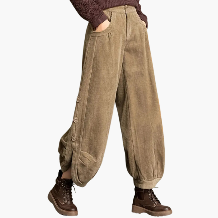 Dames Corduroy Broek met Zakken en Knopenmanchetten