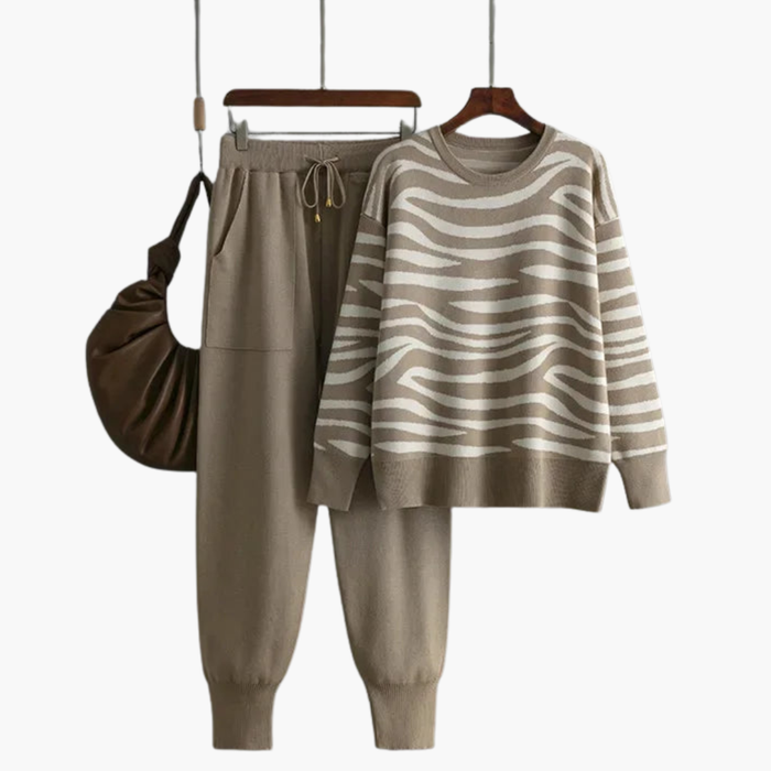 Dames Brei Lounge Set met Gestreepte Trui en Joggingbroek