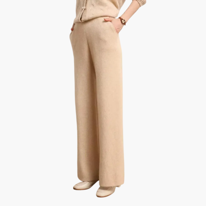 Vrouwen Gebreide Broek met Elastische Taille en Brede Pijpen
