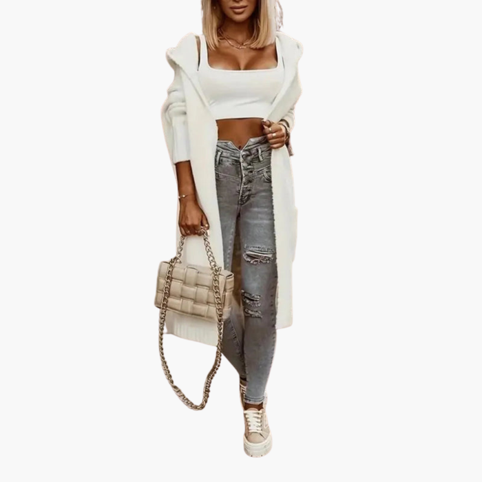 Dames Lange Gebreide Hoodie Cardigan met Open Voorkant en Zakken