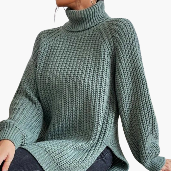 Dames Losse Turtleneck Trui met Lange Mouwen en Geribbelde Brei