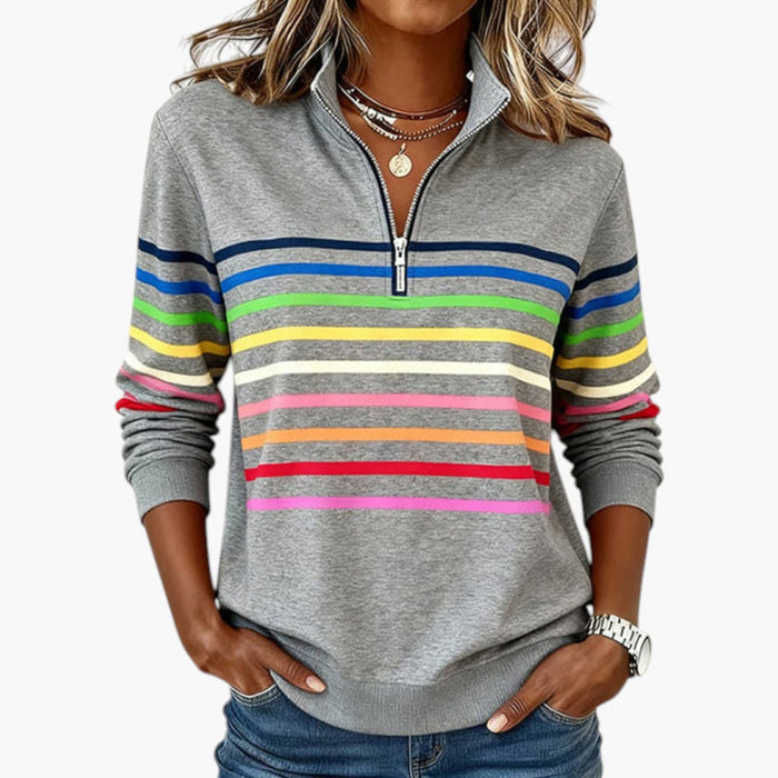 Dames Sweatshirt met Halve Rits Sluiting en Gestreepte Oppervlakte