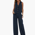 Dames V-hals Knop Vest en Wijde Pantalon Twee-delige Set