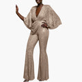 Dames V-hals Pailletten Brede Pijpen Jumpsuit