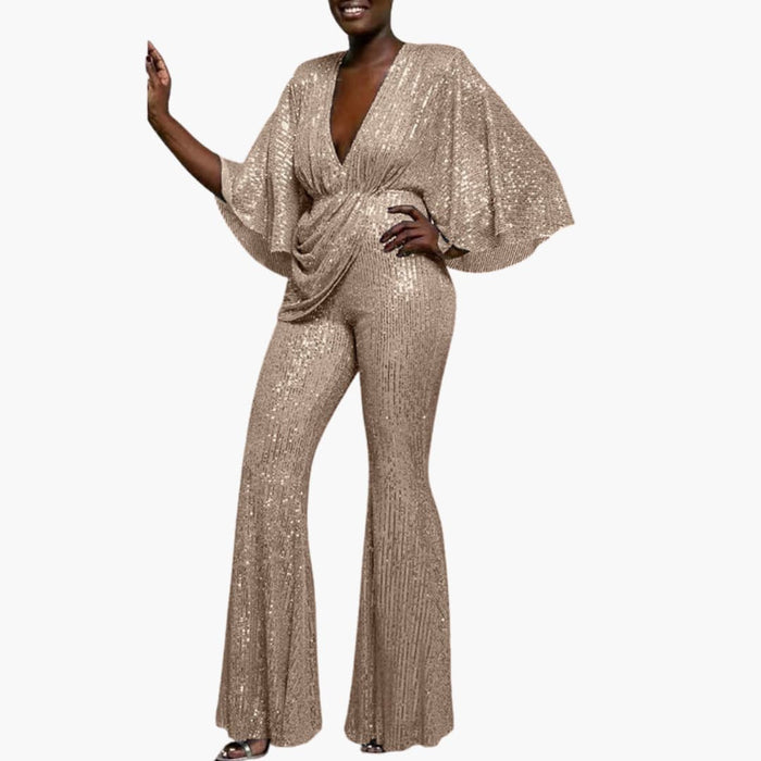 Dames V-hals Pailletten Brede Pijpen Jumpsuit