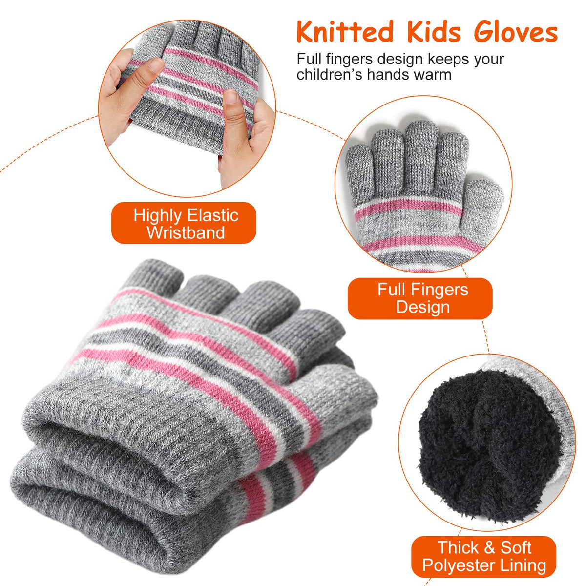 Gestreepte kindermuts met pompon, sjaal en handschoenen