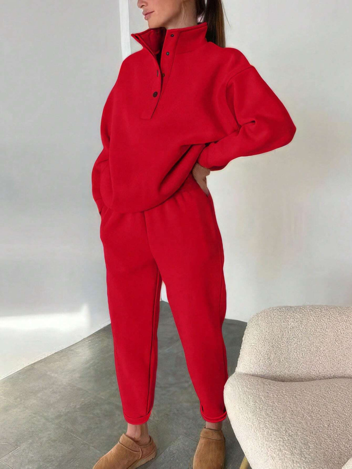 Oversized fleece huispak met opstaande kraag