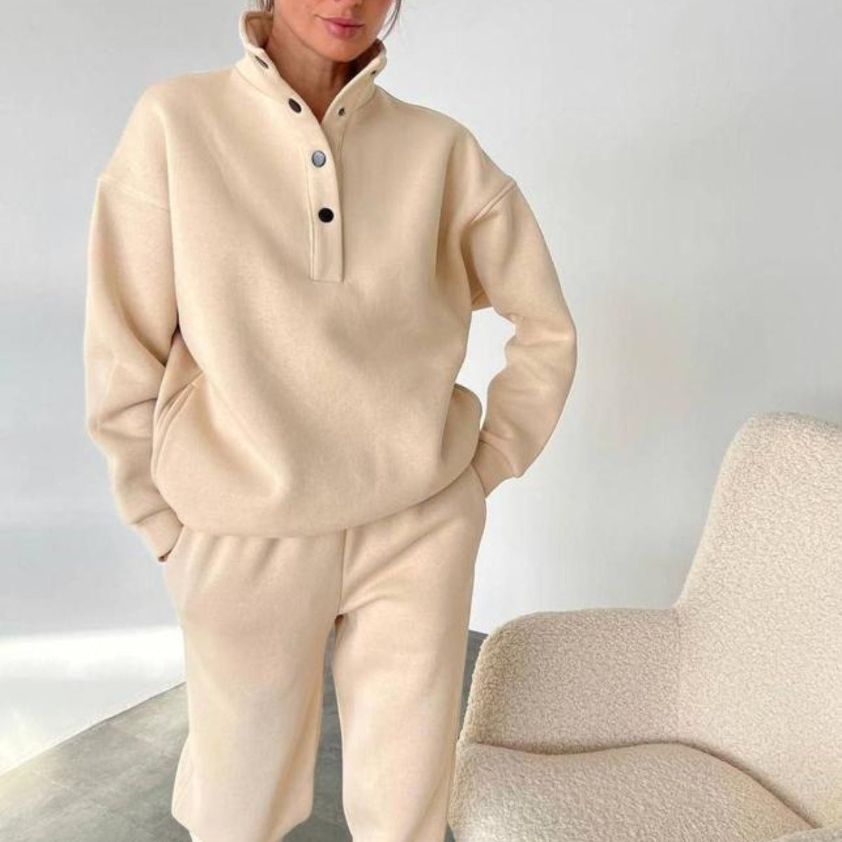Oversized fleece huispak met opstaande kraag