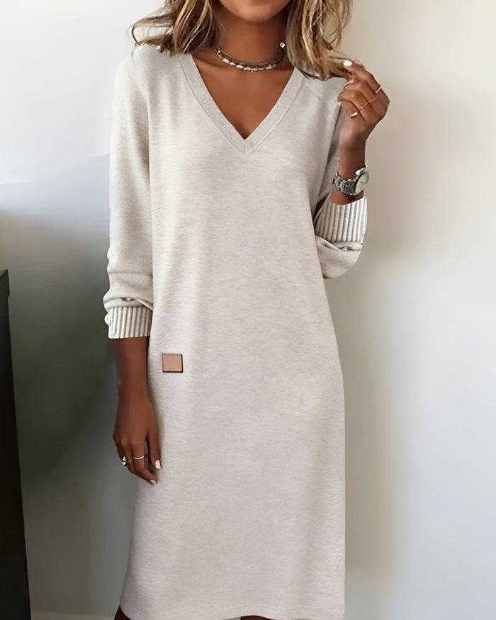 Dames V-Hals Midi-Jurk met Lange Mouwen en Streepdetail