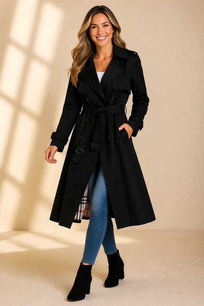 Dames Lange Trenchcoat met Ceintuur en Dubbele Knopenrij