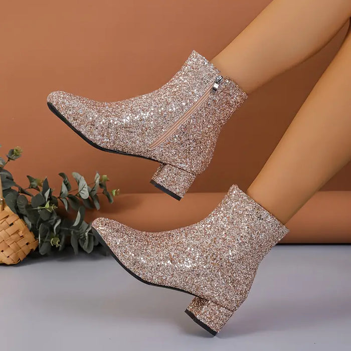 Dames Glitter Enkellaarzen met Blokhak en Ritssluiting