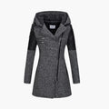 Dames Lange Jas met Kap en Asymmetrische Rits
