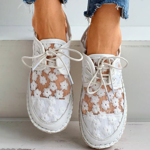 Dames Sneakers met Bloemenborduursels en Vetersluiting