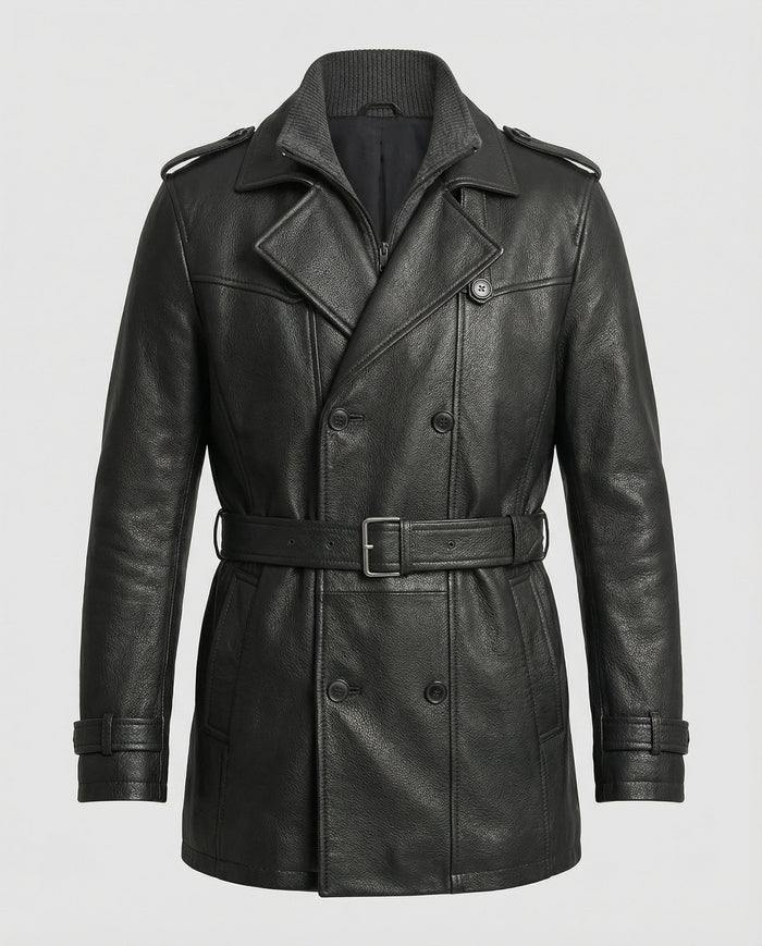 Heren Leren Trenchcoat met Dubbele Knopenrij
