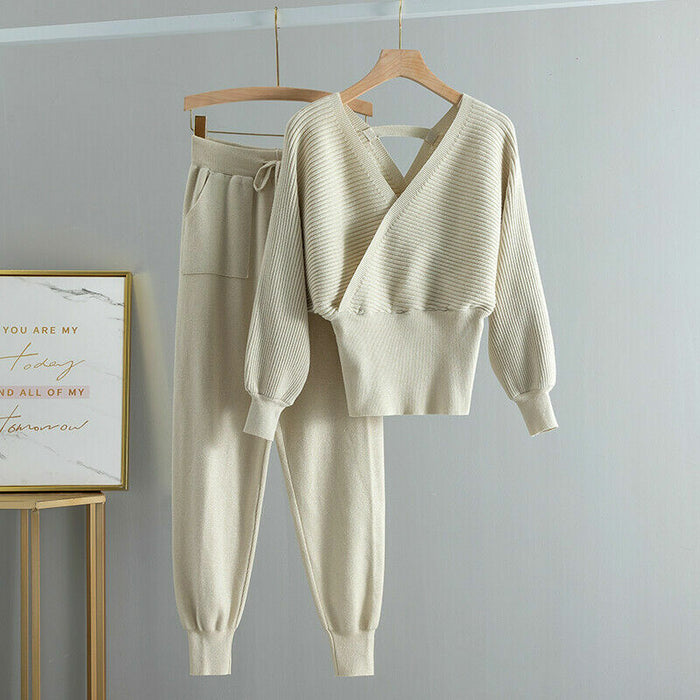 Dames Gebreide Set Backless Top met V-Hals en Broek