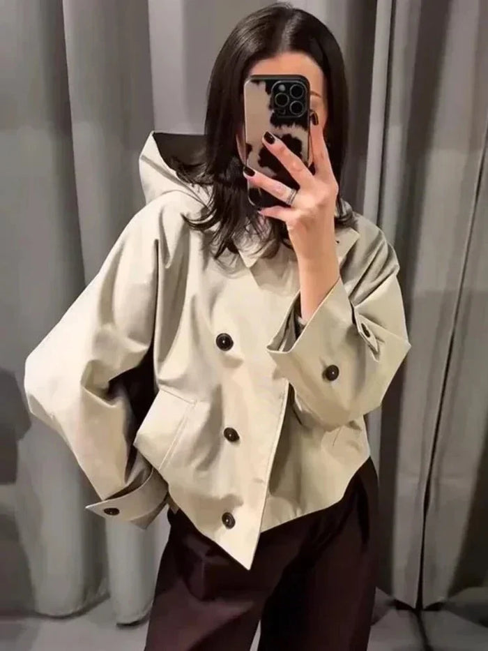 Dames Trenchcoat met Capuchon en Dubbele Knopenrij
